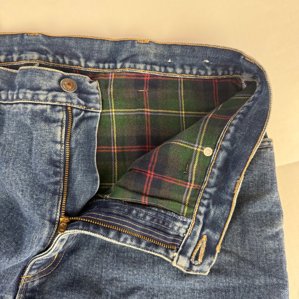 Lands End Square Rigger Flannel Lined Jeans Mens 38x29 Blue Plaid Denim Straight - Picture 3 of 8